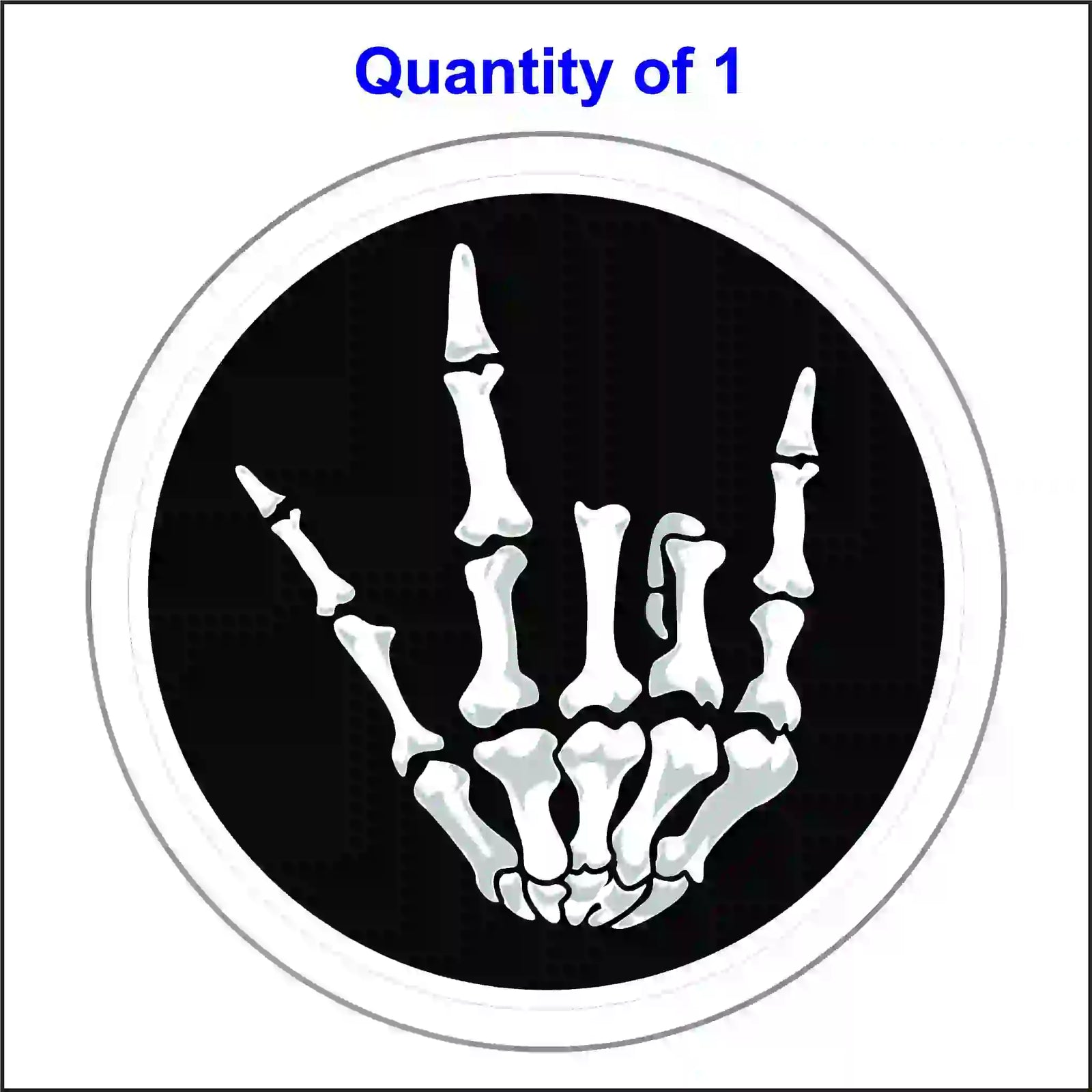 A round, black sticker with a white skeleton hand making a "I Love You" gesture.