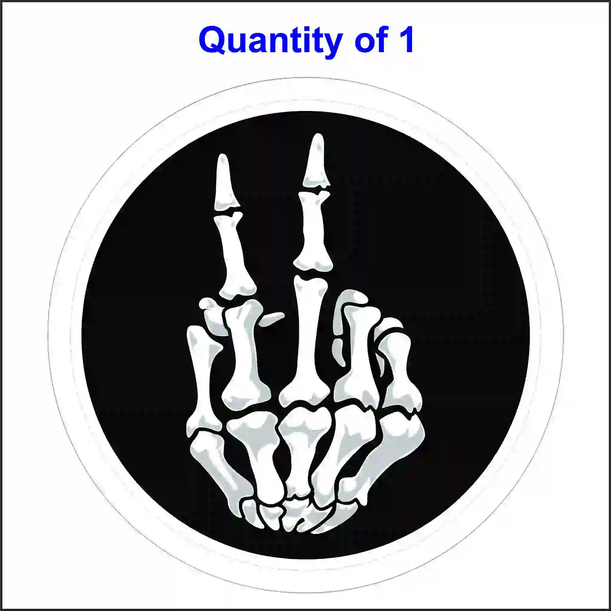 A round, black sticker featuring a white skeleton hand making a peace sign.