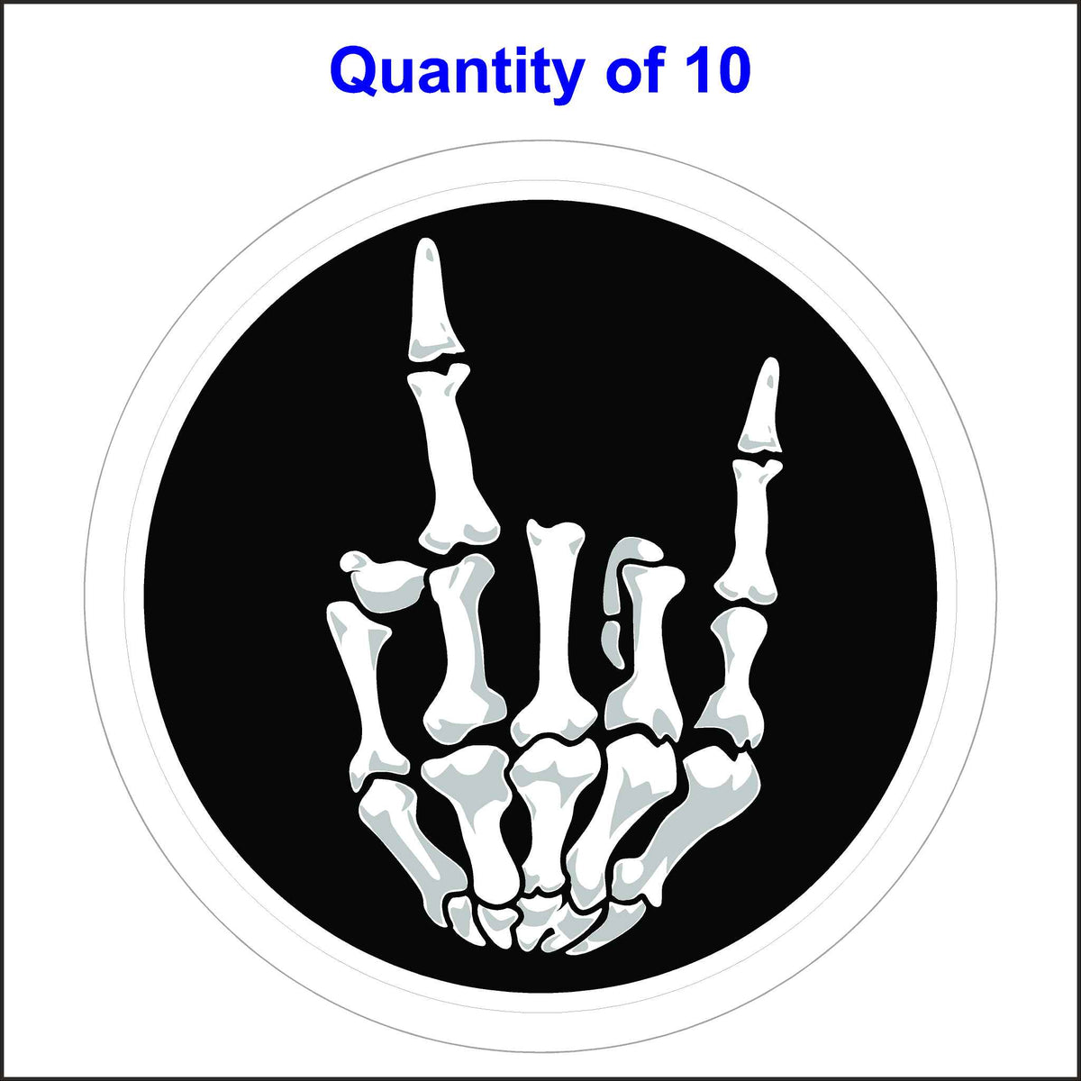 This 10 Sticker Pack of Our Skeleton Rock on Hand Stickers Has a Skeleton Hand Giving the Rock on Symbol in a Black Background.