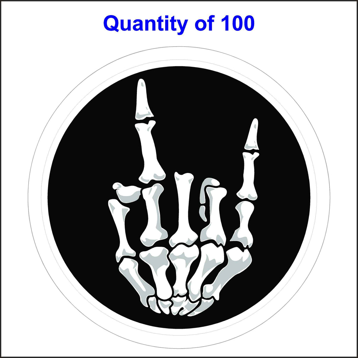 This 100 Sticker Pack of Our Skeleton Rock on Hand Stickers Has a Skeleton Hand Giving the Rock on Symbol in a Black Background.