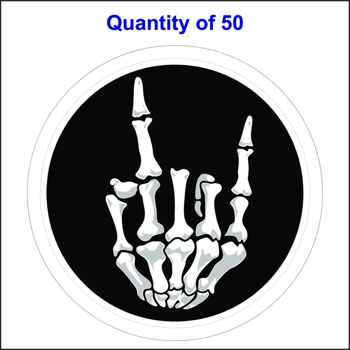 This 50 Sticker Pack of Our Skeleton Rock on Hand Stickers Has a Skeleton Hand Giving the Rock on Symbol in a Black Background.