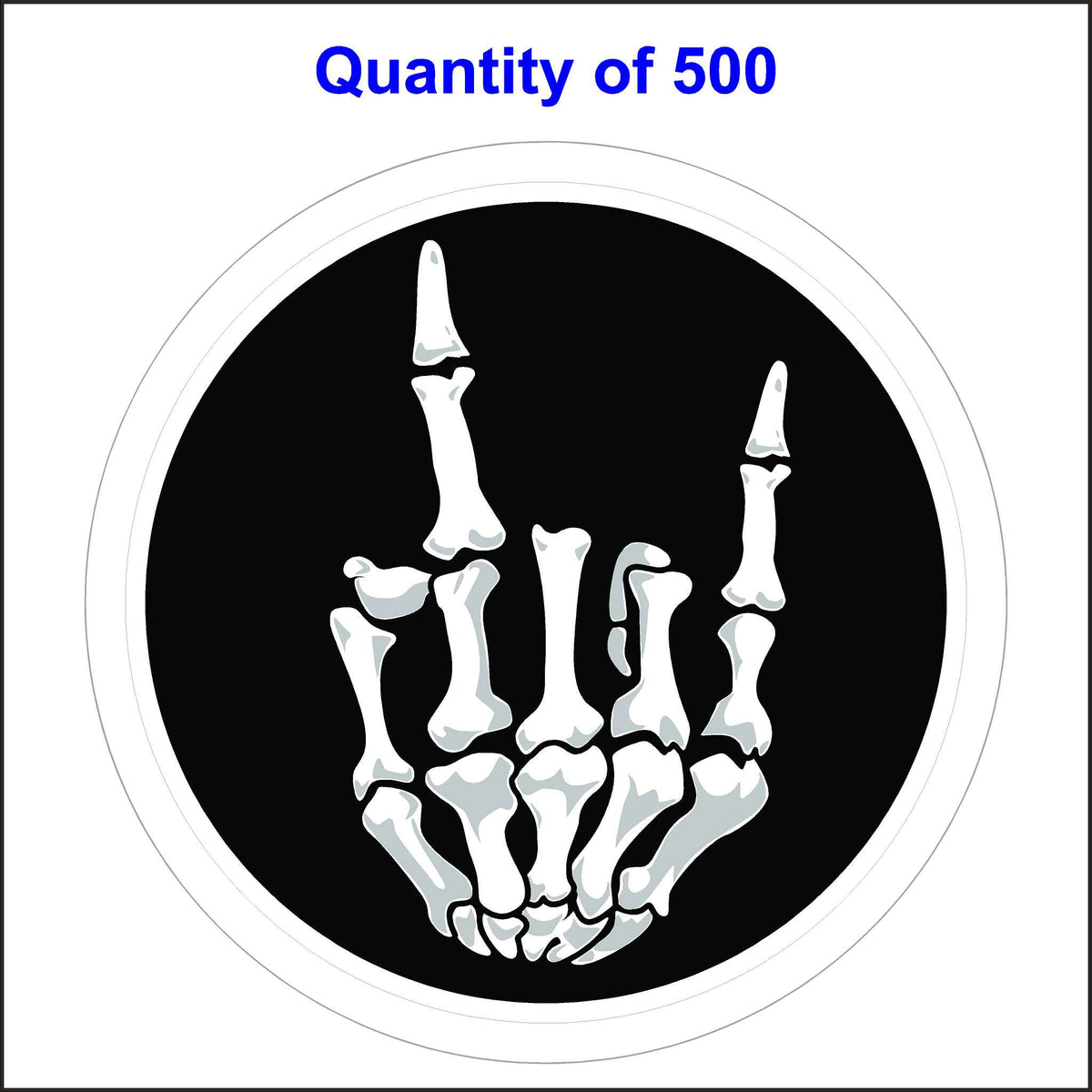 This 500 Sticker Pack of Our Skeleton Rock on Hand Stickers Has a Skeleton Hand Giving the Rock on Symbol in a Black Background.