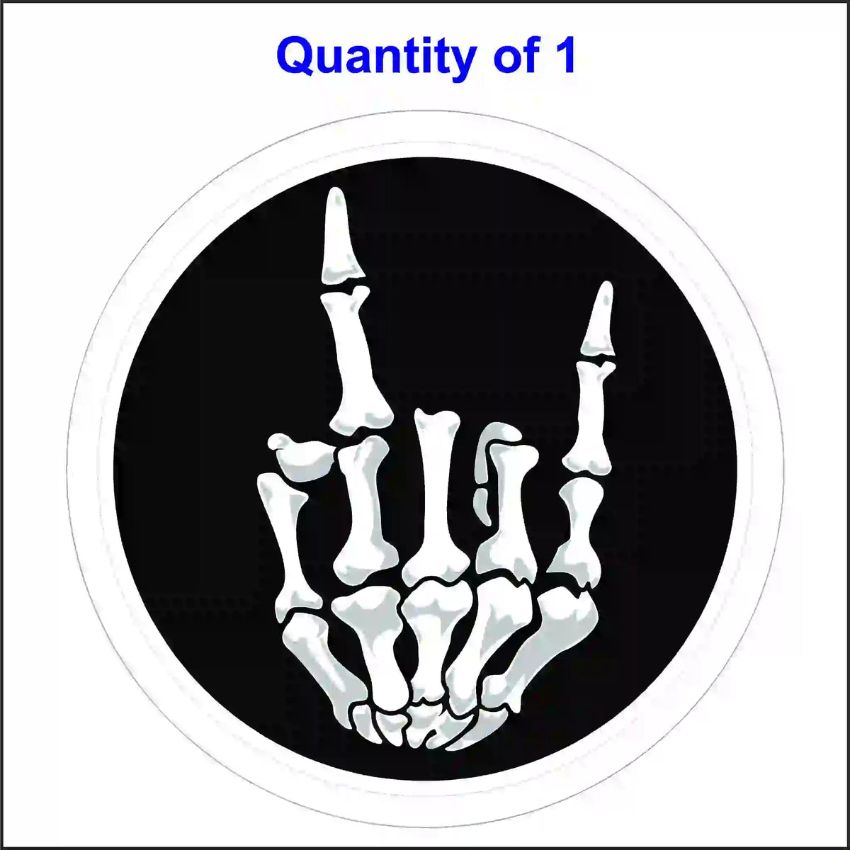 A circular sticker with a white skeleton hand making a rock-on gesture on a black background.