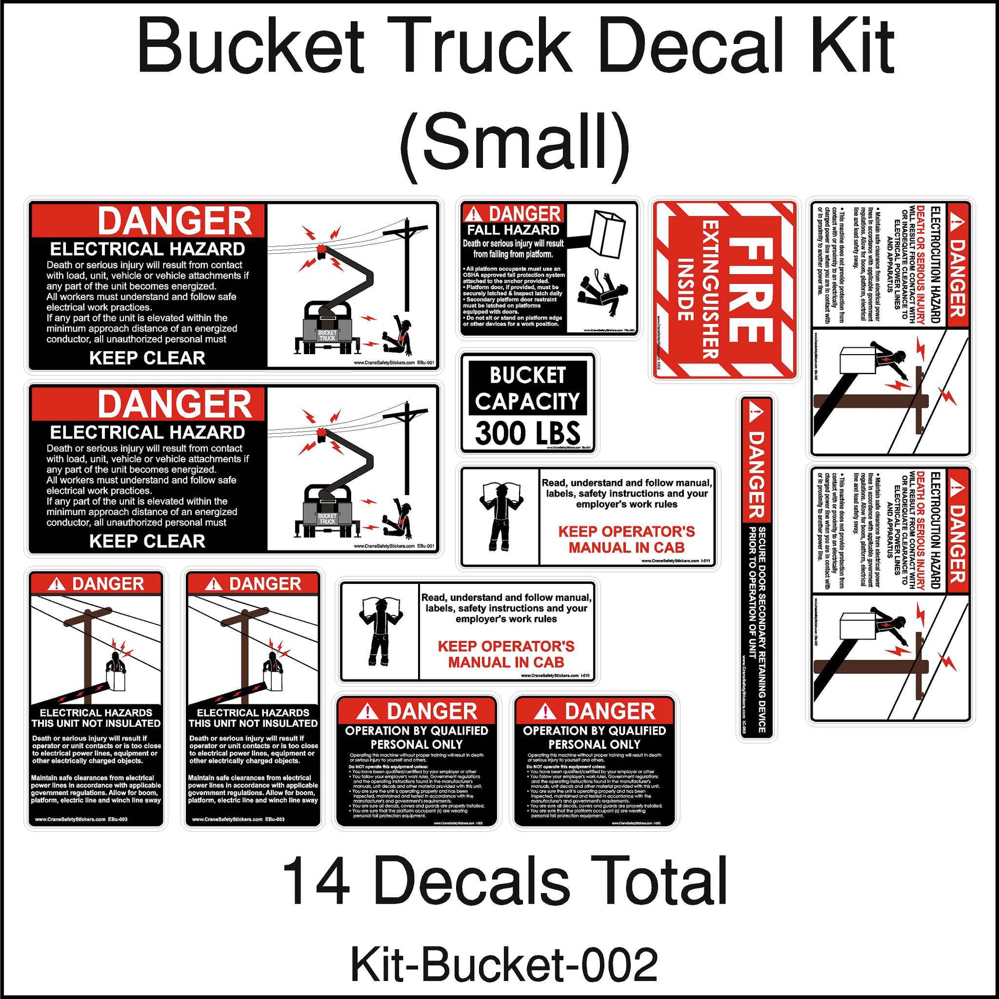 14 piece small bucket truck sticker kit. This kit includes all sticker for a small bucket truck. Each Sticker is printed in bright colors with the the correct danger header and pictural of the hazard being shown.