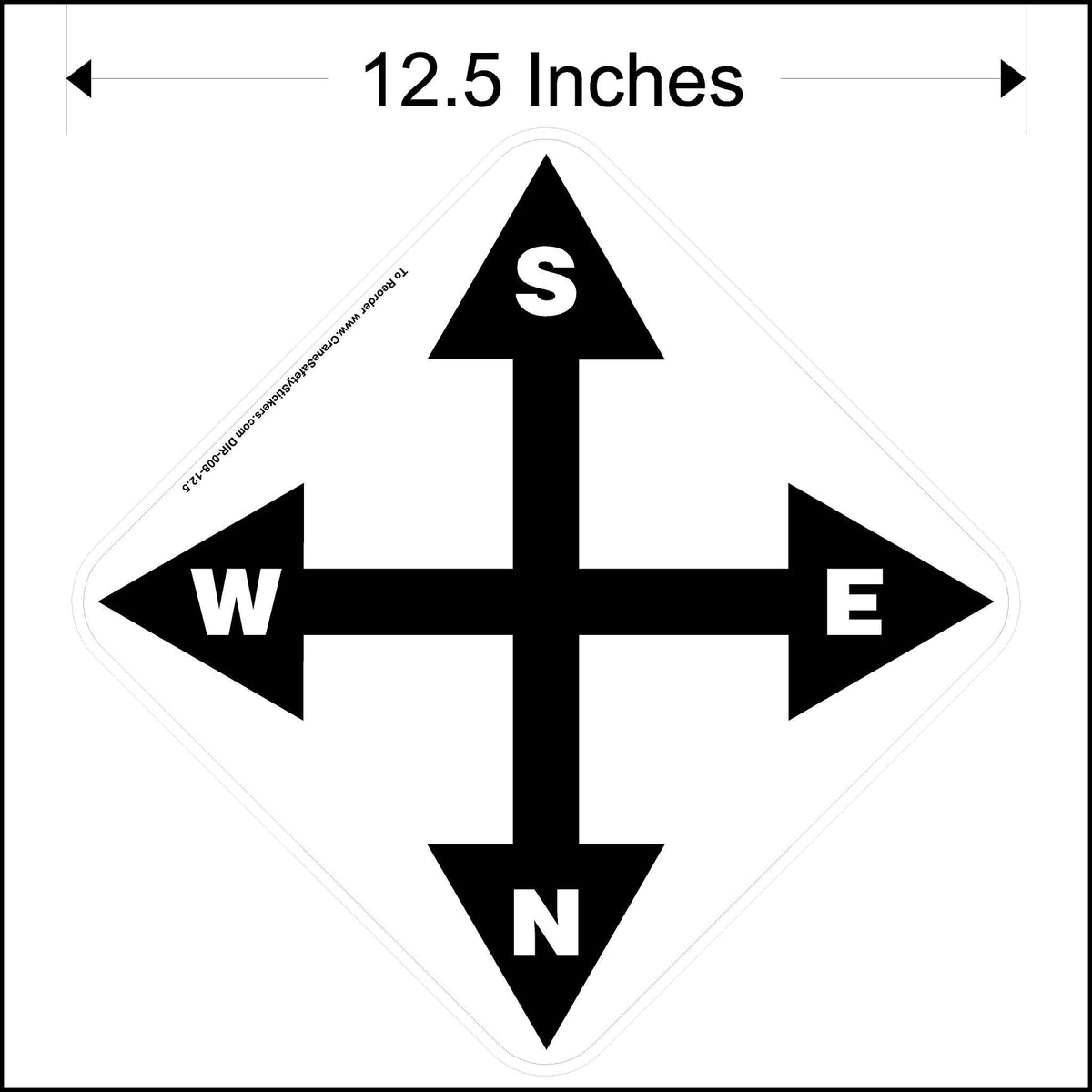 12.5 Inch South, east, north, and west overhead crane directional decal. Printed in black and white.