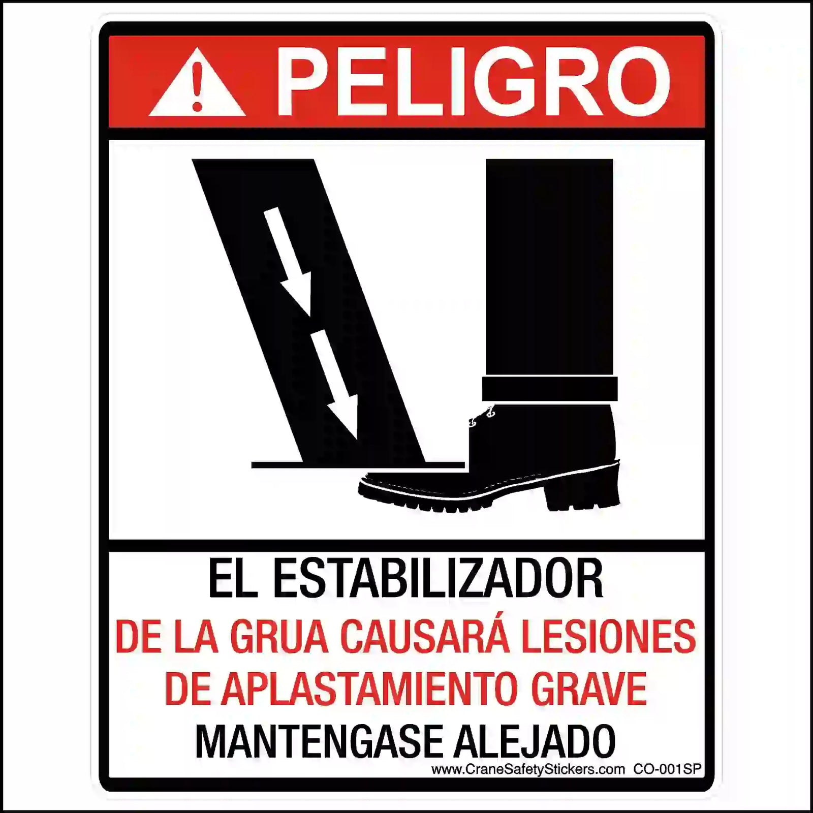 A rectangular safety sticker with a red "PELIGRO" header. It shows a crush hazard graphic and has warning text in Spanish.