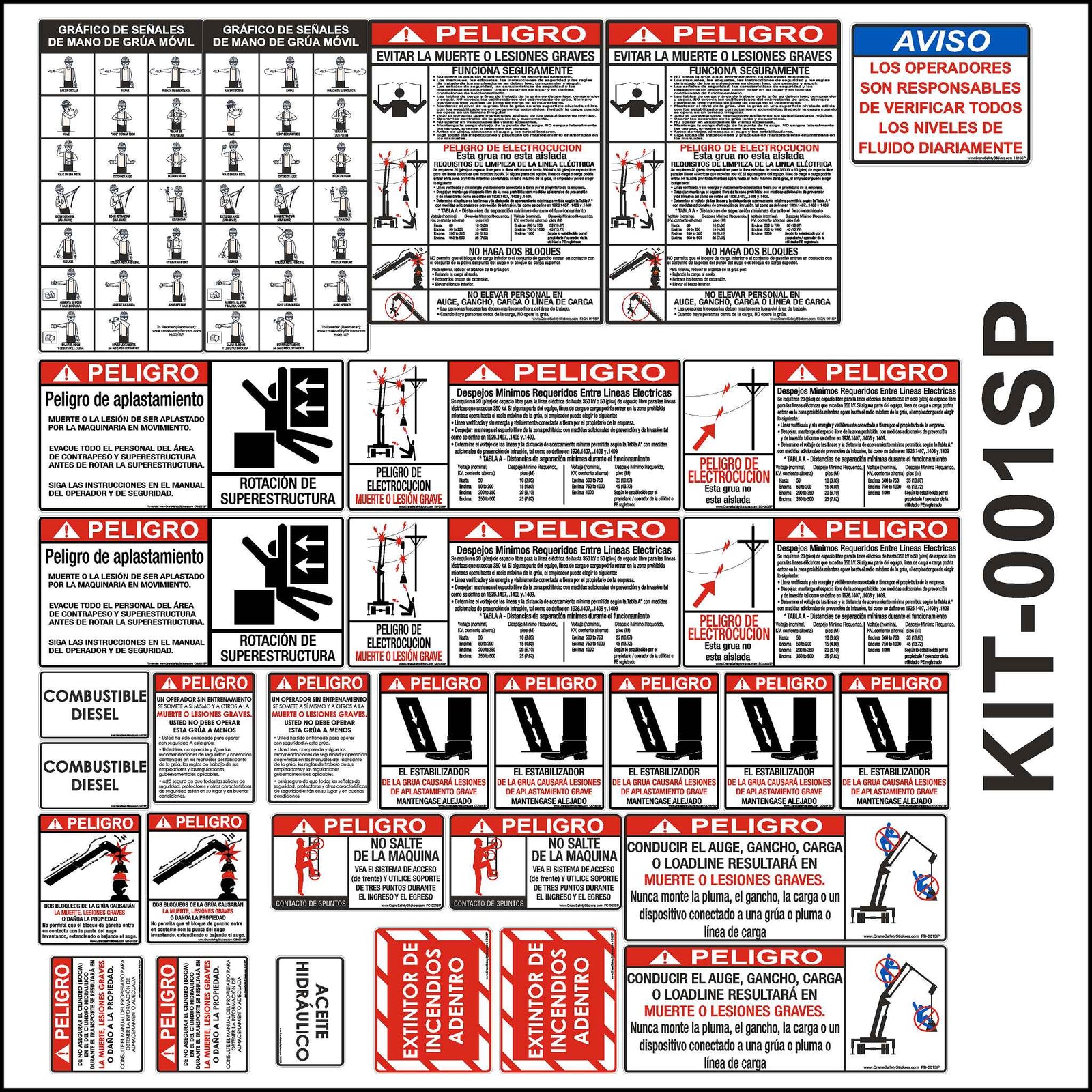 This Spanish Printed Crane and Boom Truck Safety Sticker Kit contains all the boom truck safety stickers you need for most cranes to pass certification. Electrical Hazard, Crush Hazard, Fall Hazard, Inspection Decal, Diesel Fuel, Hydraulic Oil, Two Block, Three-Point Egress, Power Line Clarence, Hand Signal Charts, Untrained Operator, and more.