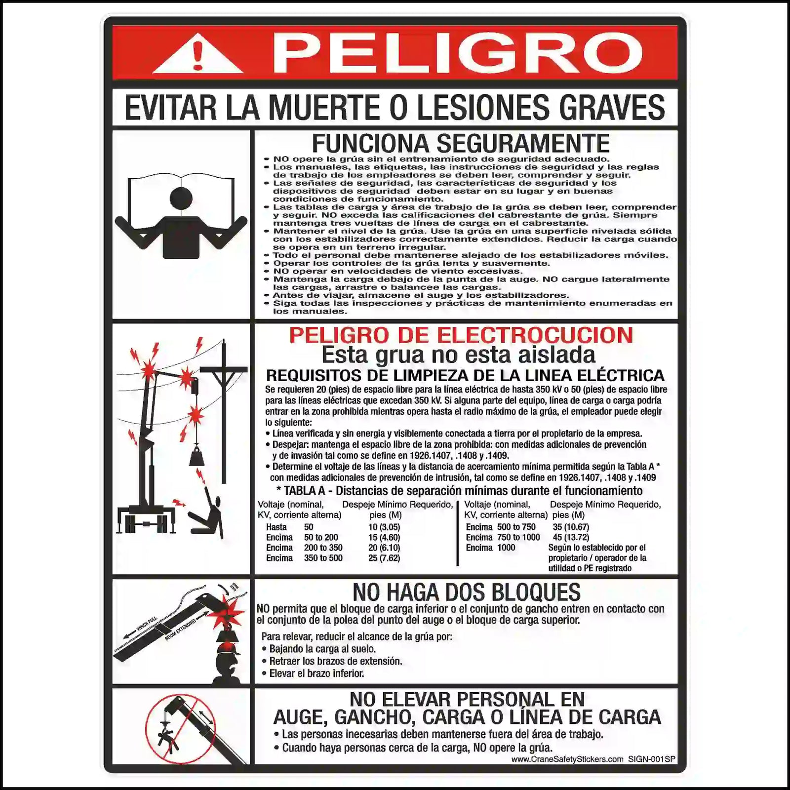 A rectangular safety sticker with a red header, black Spanish text, and diagrams illustrating crane operation hazards.