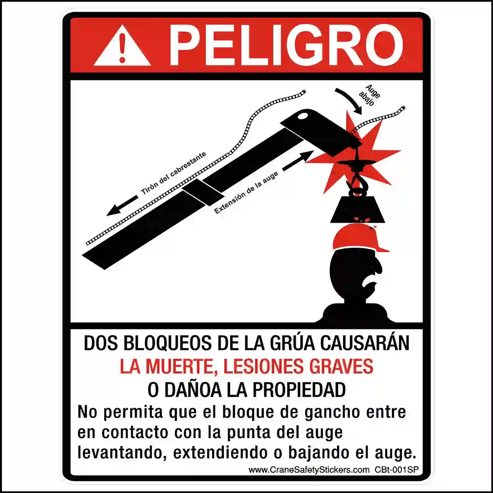 Safety sign warning about crane blockages with a graphic of a crane and person, and text in Spanish.