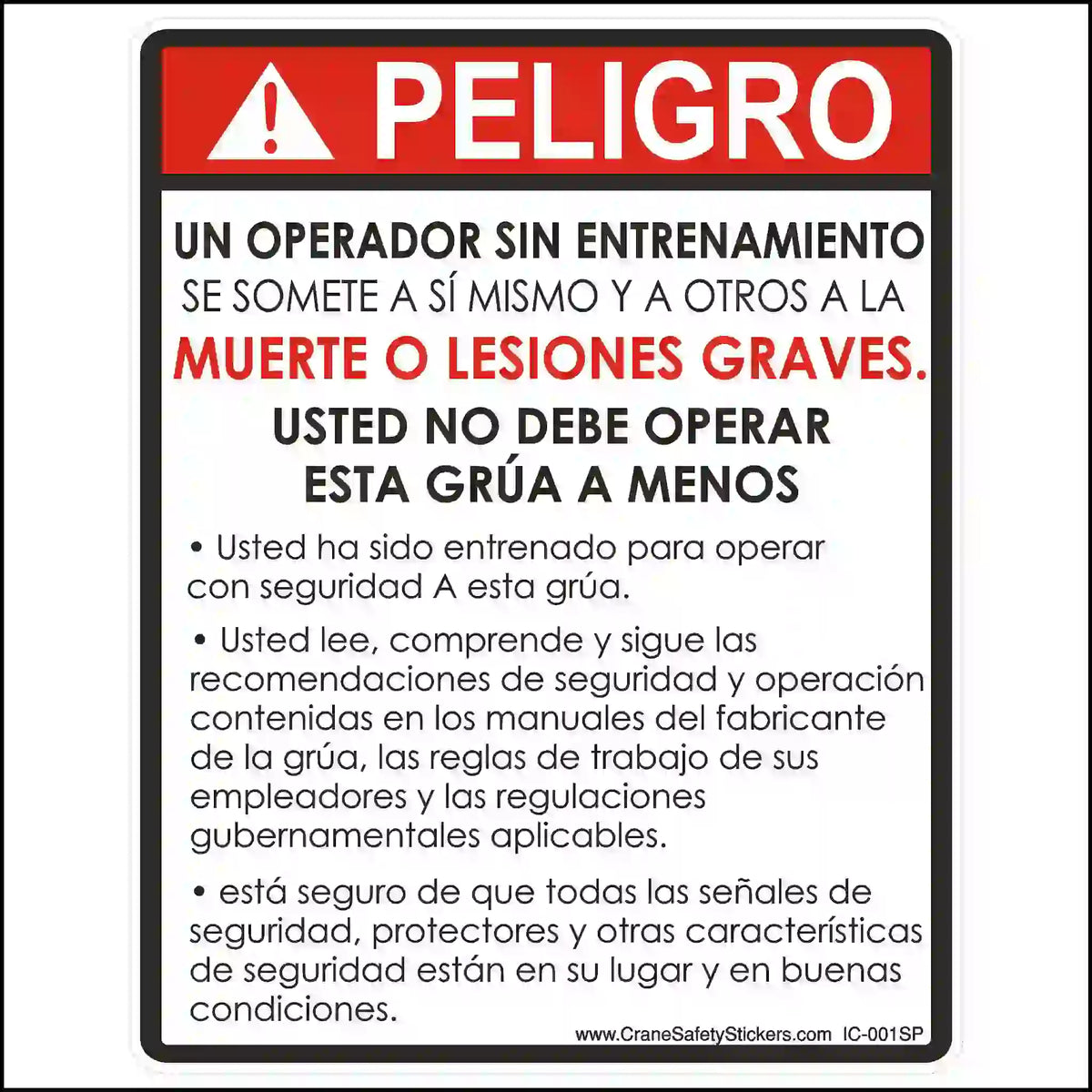 Spanish crane safety label about untrained operators