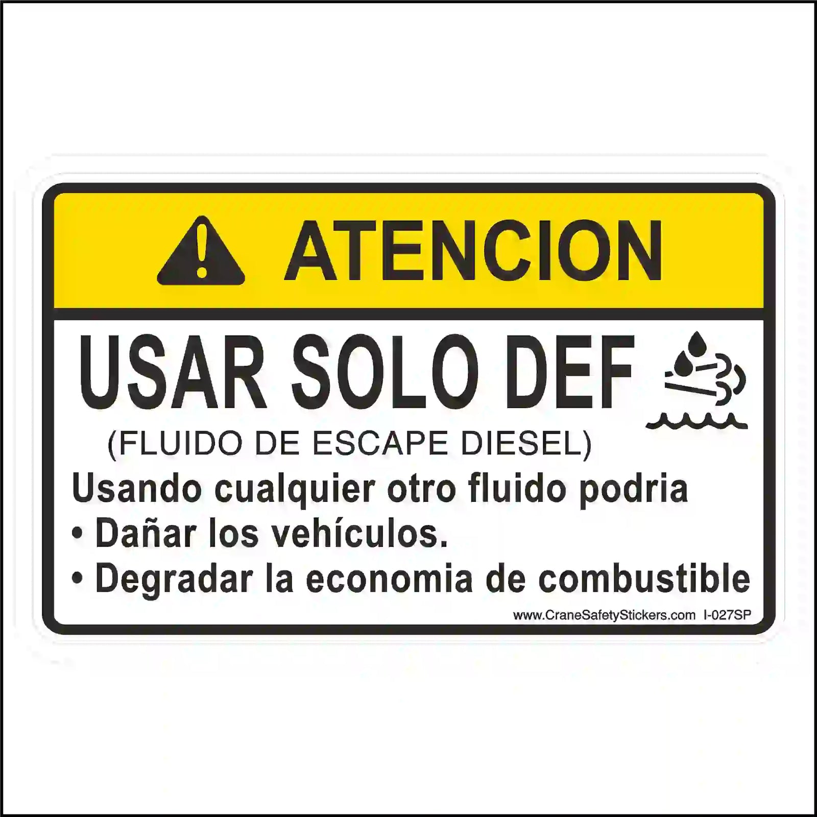 Spanish DEF Only caution sticker with yellow ATENCION header and USAR SOLO DEF wording.
