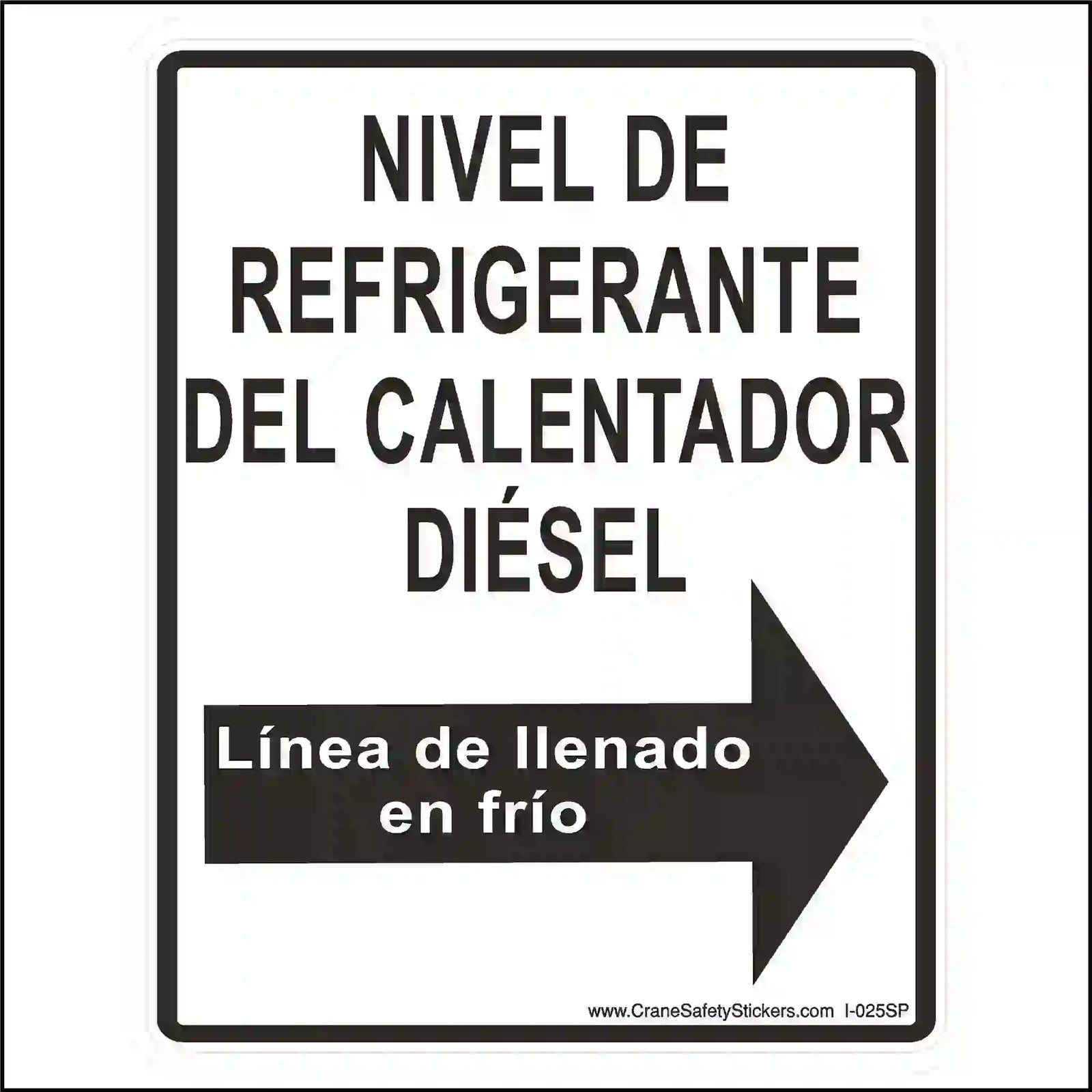 Spanish diesel heater coolant level label with a right-pointing cold fill line arrow, printed in black and white.