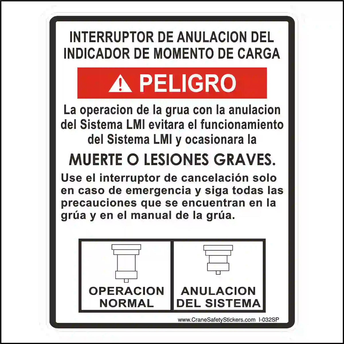 Crane Spanish load moment indicator decal