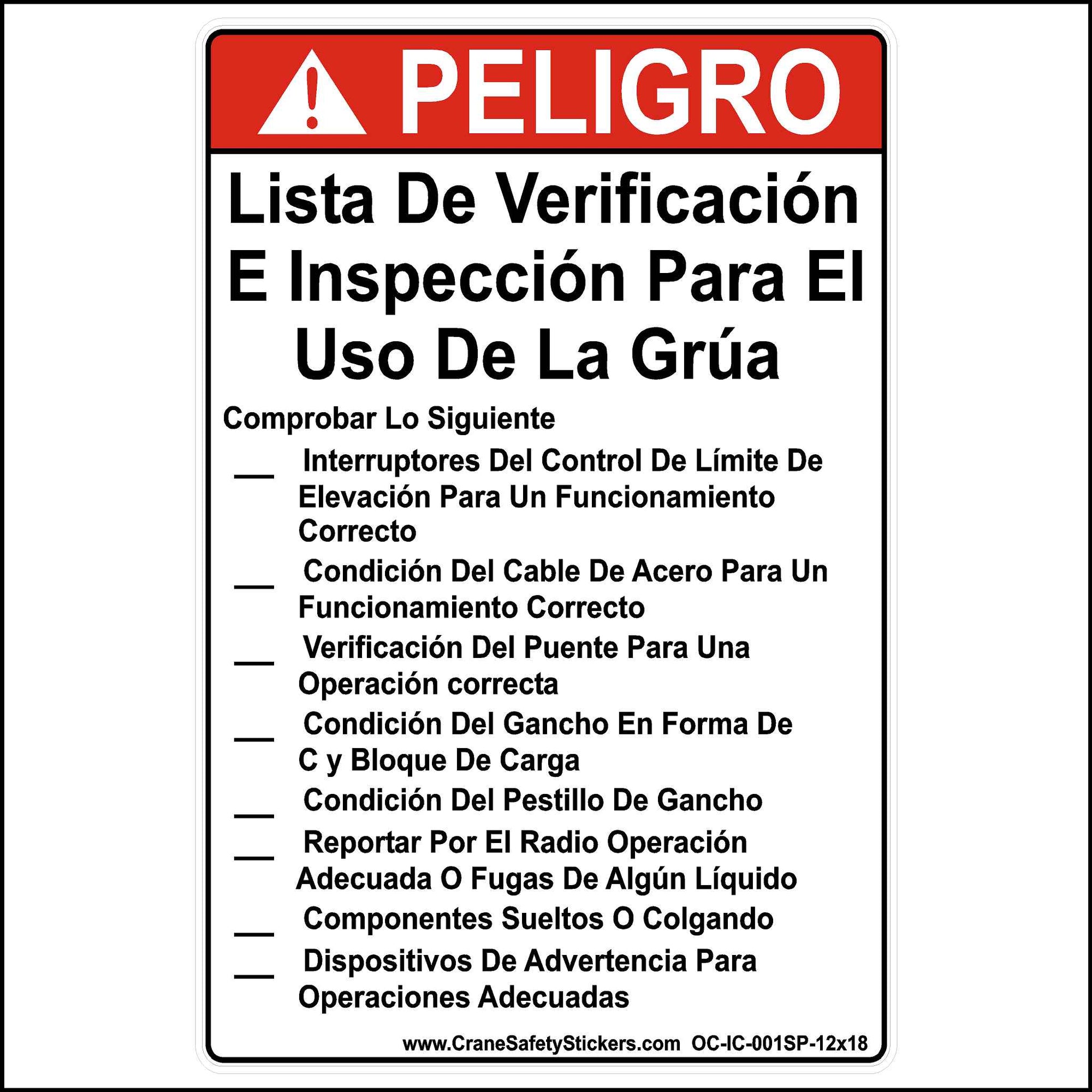 Spanish Overhead Crane Pre-Use Inspection Checklist Sticker
