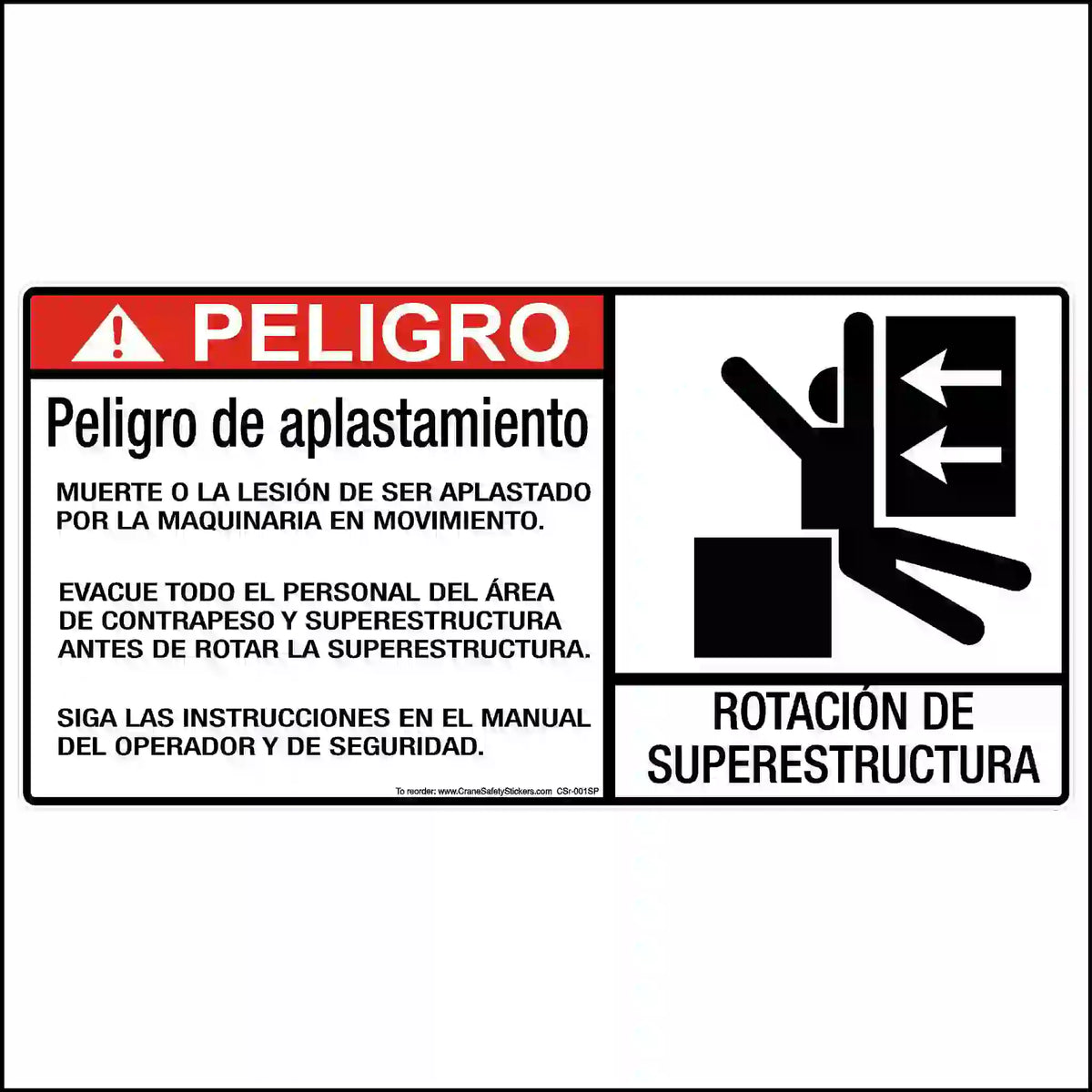 A rectangular safety sign in Spanish with a red "PELIGRO" header, black text, and a crush hazard pictogram.