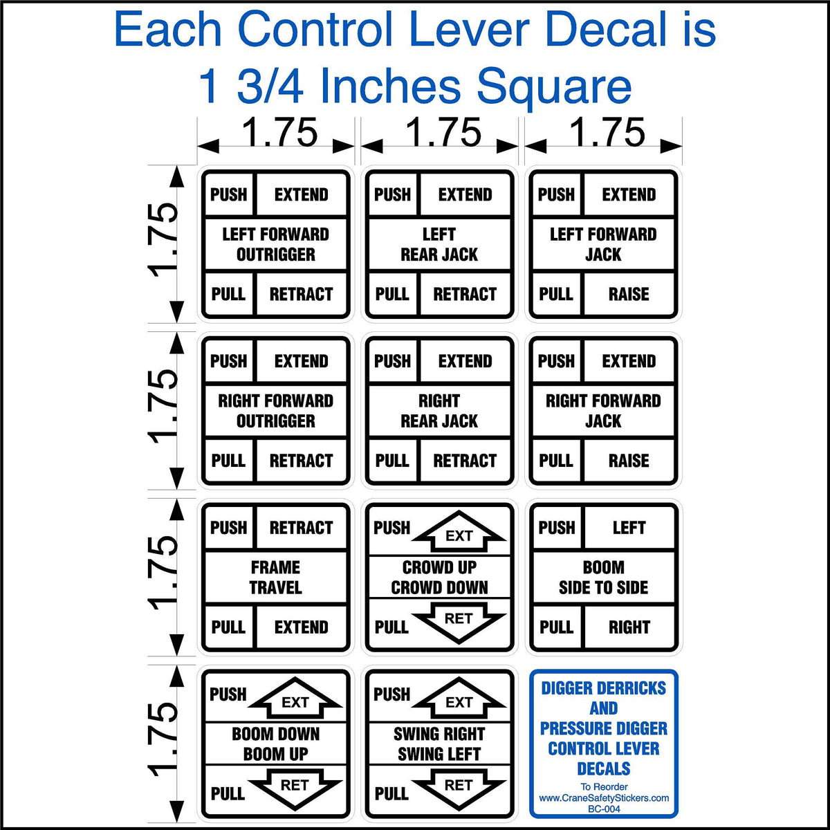 Sheet of square adhesive labels with text indicating different crane operations, such as outrigger extension, jack retraction, and boom movement. Each label measures 1 3/4 inches.