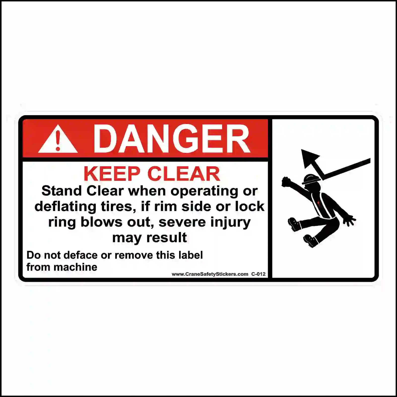 Tire rim and lock ring warning sticker with red DANGER header, KEEP CLEAR wording, and an illustration of a person struck by a component.