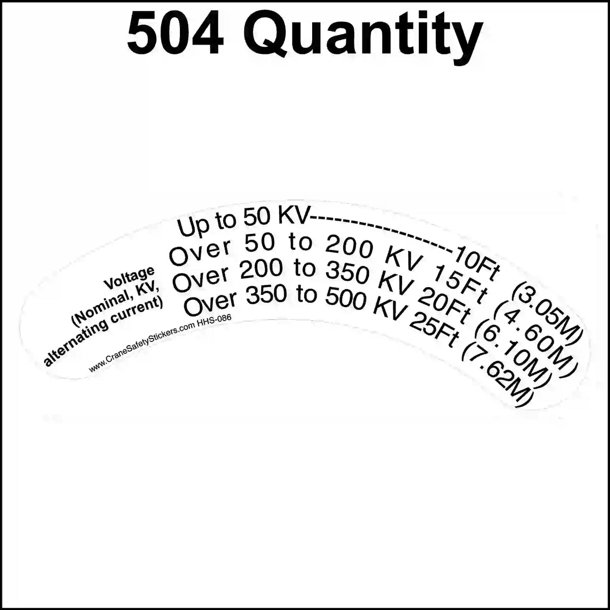 Voltage rating chart with distances for different voltage ranges on a white hard hat brim. 504 quantity.