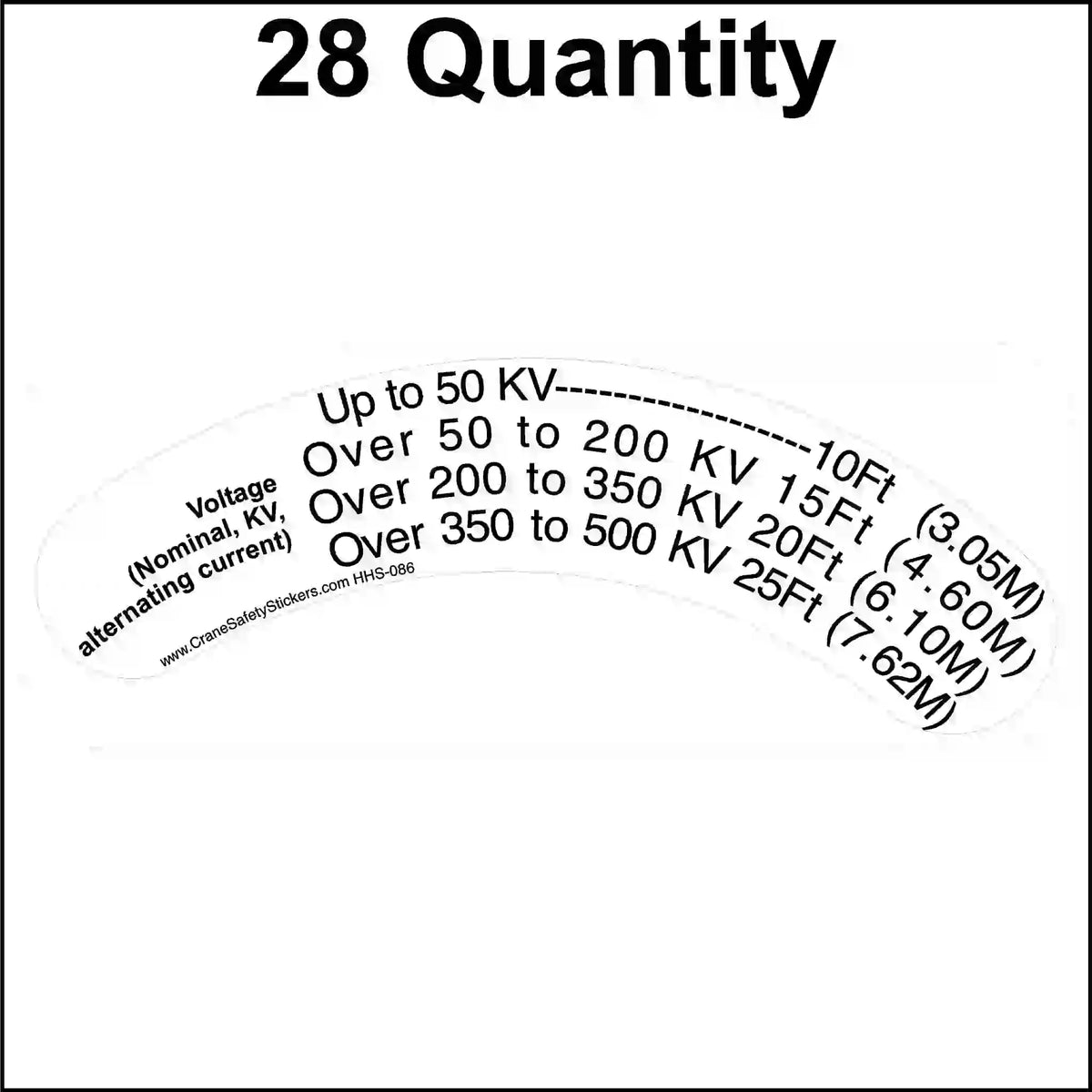 Voltage rating label with distance measurements for different voltage ranges on a white background.